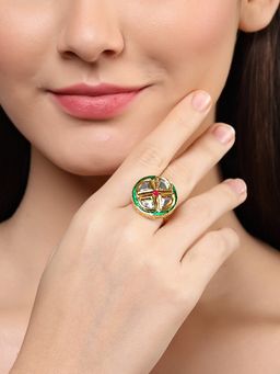 Karatcart - Gold Plated Green Meenakari Polki Kundan Studded Adjustable Cocktail Ring for Women