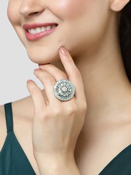 Karatcart - Silver Tone Lime Green Drop Shape CZ Studded Adjustable Cocktail Ring for Women