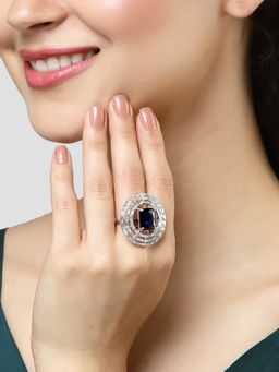 Karatcart - Silver Tone Blue Cubic Zirconia Studded Adjustable Cocktail Ring for Women