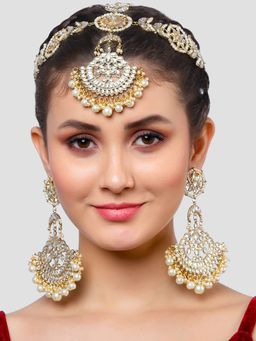 Karatcart - Gold Plated Long Dangler Earrings with Kundan Matha Patti Jewellery Set