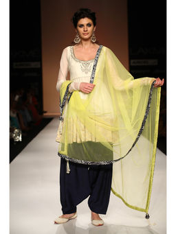 Payal Singhal - Sanam Cream Silkmul Anarkali with Navy Salwar & Lime Tule Dupatta (Set of 3)