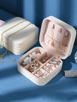 Estele - Jewellery Organiser Box Leather Zipper Lock Portable White Jewellery Storage Box