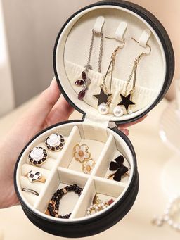 Estele - Leather Zipper Lock Portable Black Jewellery Storage Box Case with Dividers