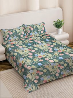 FABINALIV - Multicolour Floral 300 TC Cotton Blend Super King Bedsheet with 2 Pillow Covers