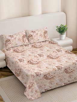 FABINALIV - Beige Floral 300 TC Cotton Blend Super King Bedsheet with 2 Pillow Covers