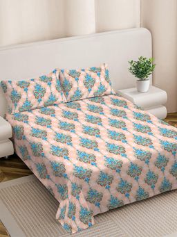 FABINALIV - Multicolour Ethnic 300 TC Cotton Blend Super King Bedsheet with 2 Pillow Covers