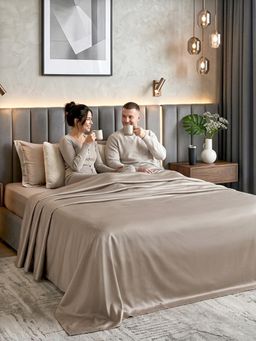 FABINALIV - Brown Solid 300 TC Super King Satin Bedsheet with 2 Pillow Covers