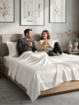 FABINALIV - Cream Solid 300 TC Super King Satin Bedsheet with 2 Pillow Covers