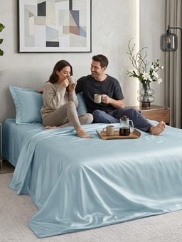 FABINALIV - Blue Solid 300 TC Super King Satin Bedsheet with 2 Pillow Covers