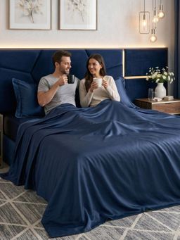 FABINALIV - Blue Solid 300 TC Super King Satin Bedsheet with 2 Pillow Covers