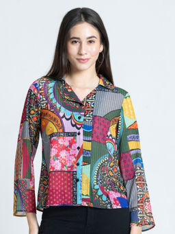 SHAYE - Multi-Color Spread Collar Retro Print Three-Quarter Sleeves Casual Shirts For Women