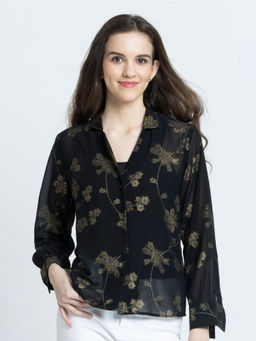SHAYE - Black Foil Print Full Sleeves Casual Shirts For Women