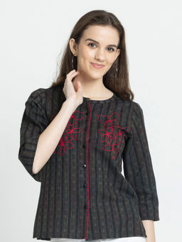 SHAYE - Black Round Neck Self Textured Three-Quarter Sleeves Casual Shirts For Women