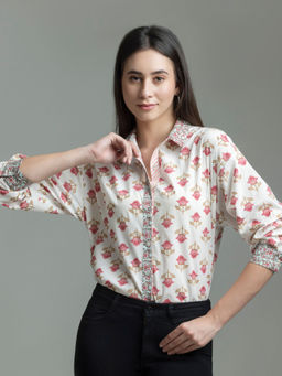 SHAYE - White Spread Collar Floral Print Full Sleeves Casual Shirts For Women