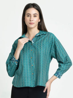 SHAYE - Green Spread Collar Printed Full Sleeves Casual Shirts For Women