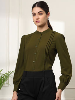 FITHUB - Olive Effortlessly Stylish Women's Band Collar Pleated Formal Shirt