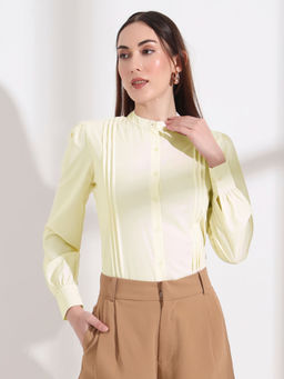 FITHUB - Yellow Effortlessly Stylish Women's Band Collar Pleated Formal Shirts