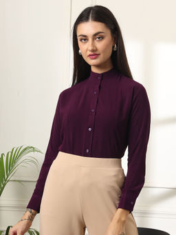FITHUB - Wine Women Solid Comfort Mandarin Collar Formal Shirt