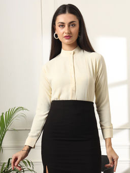 FITHUB - Cream Women Solid Comfort Mandarin Collar Formal Shirt