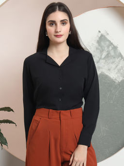 FITHUB - Black Women Solid Comfort Collar Neck Formal Shirt