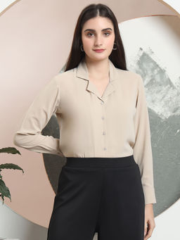 FITHUB - Cream Women Solid Comfort Collar Neck Formal Shirt