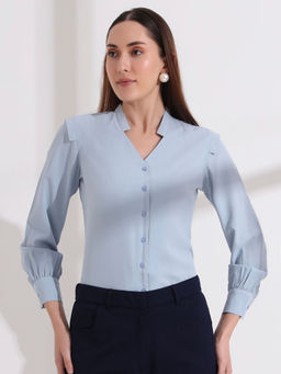 FITHUB - Blue Womens Stylish Mandarin Collar Solid Formal Shirt