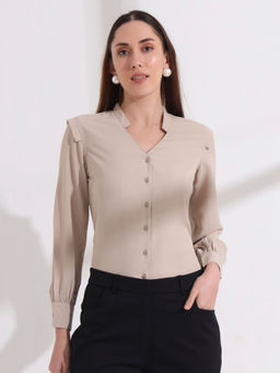 FITHUB - Cream Womens Stylish Mandarin Collar Solid Formal Shirt