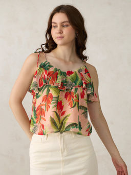 Outzidr - Peach Printed Tie Up Ruffle Top