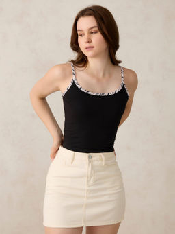 Outzidr - Black Casual Cotton Contrast Strap Cami