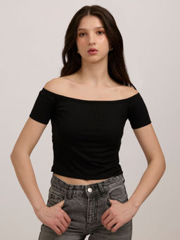 Outzidr - Black Cotton Off-Shoulder Ribbed Street Style Top