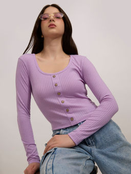 Outzidr - Purple Casual Cotton Scoop Neck Button Down Ribbed