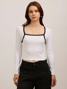 Outzidr - White Cotton Contrast Rib Knit Casual Wear Top