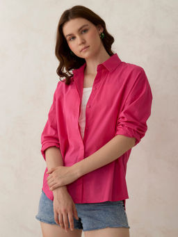 Outzidr - Pink Cotton Solid Oversized Street Style Shirt