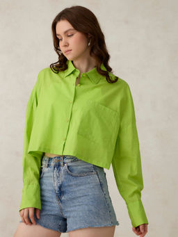 Outzidr - Green Cotton Cropped Solid Street Style Shirt