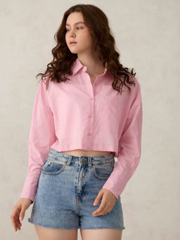 Outzidr - Pink Cotton Cropped Solid Street Style Shirt