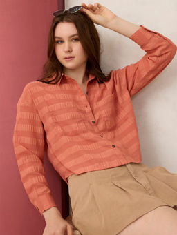 Outzidr - Coral Boxy Georgette Self Design Street Style Shirt