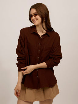 Outzidr - Brown Cotton Double Pocket Boxy Casual Shirt