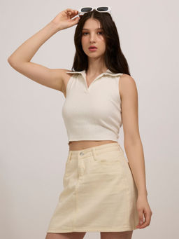 Outzidr - Off White Ribbed Crop Top With Bow Detail