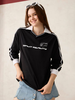 Outzidr - Black Cotton Varsity Oversized Street Wear T-Shirt