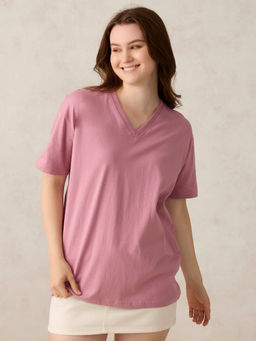 Outzidr - Pink Cotton V Neck Solid Oversized Street Wear T-Shirt