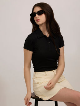 Outzidr - Black Cotton Button Down Collared Street Style Top