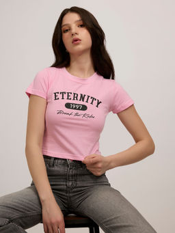 Outzidr - Pink Cotton Graphic Cropped Street Wear T-Shirt