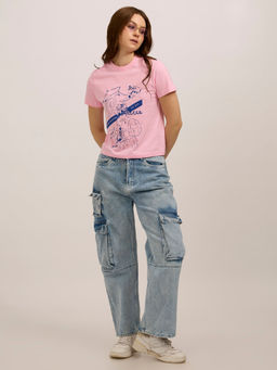 Outzidr - Pink Cotton Graphic Regular Casual Wear T-Shirt