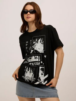 Outzidr - Black Cotton Graphic Oversized Casual Wear T-Shirt