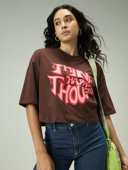 Outzidr - Brown Cotton Graphic Cropped Boxy Casual Wear T-Shirt