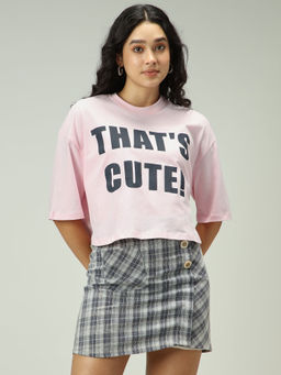 Outzidr - Pink Cotton Graphic Cropped Boxy Casual Wear T-Shirt