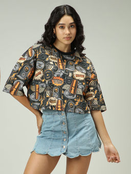 Outzidr - White Cotton Graphic Cropped Boxy Casual Wear T-Shirt