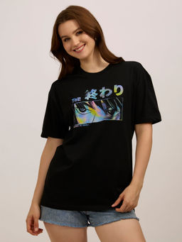 Outzidr - Black Cotton Oversized Graphic Casual Wear T-Shirt