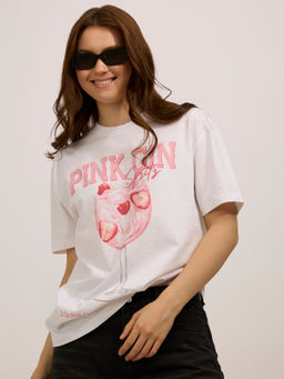 Outzidr - White Cotton Oversized Graphic Casual Wear T-Shirt