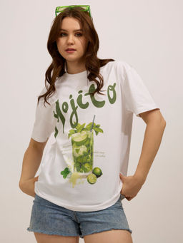 Outzidr - White Cotton Oversized Graphic Casual Wear T-Shirt